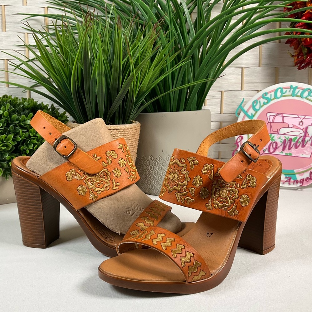 Premium Leather Block Heeled Open Toe Sandals w/Buckle Strap - 7 (24)
